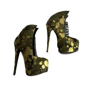 London Trash Crime Camo Platform Boots 7” Stiletto Heel Size 6.5